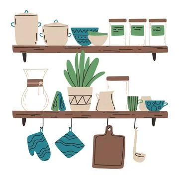 A kitchen shelves with kitchenware flat illustration. Interior of a kitchen.. Stock Illustration