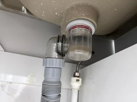Kitchen sink drain trap under basin Stock Photos