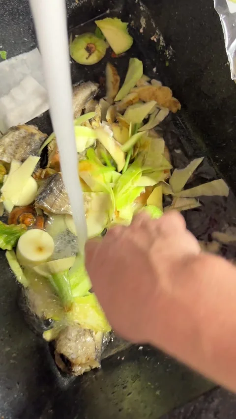 Kitchen sink garbage disposal grinding food waste with running water, stainle Stock Footage 302470888