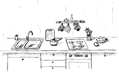 Kitchen sink. Kitchen worktop with sink. The sketch of the kitchen. Stock Illustration