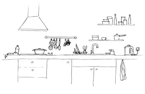 Kitchen sink. Kitchen worktop with sink. The sketch of the kitchen. Illustrazione stock