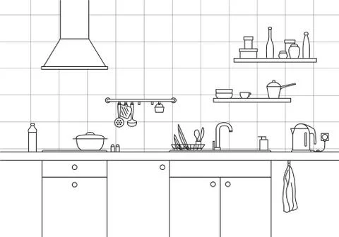 Kitchen sink. Kitchen worktop with sink, kitchen hood and plate in line style. Stock Illustration