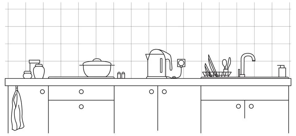 Kitchen sink. Kitchen worktop with sink and plate in line style. Illustrazione stock