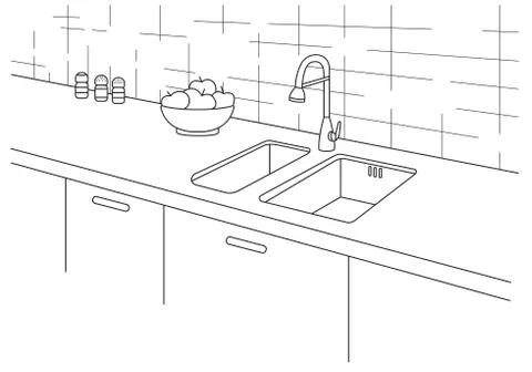 Kitchen sink. Kitchen worktop with sink in line style. Stock Illustration