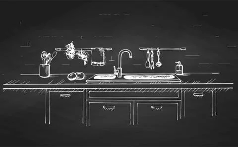 Kitchen sink. Kitchen worktop with sink and drawn on a chalkboard. Stock Illustration