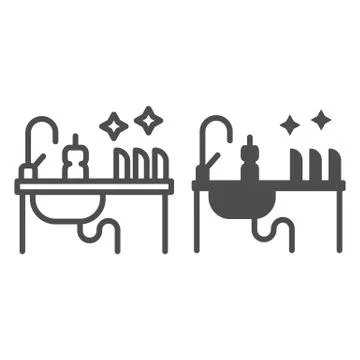 Kitchen sink with kitchenware line and solid icon, household concept, Washing Stock Illustration