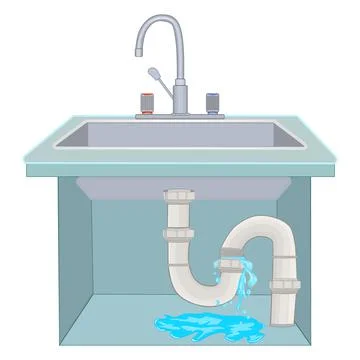 Kitchen sink with leaky plumbing pipe. Water leak of plastic pipe. Stock Illustration