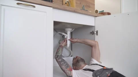 Kitchen Sink Pipe Repaired by Handyman Using Basic Tools Video stock 311501903