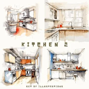 Kitchen sketch. Hand drawn vector illustration. Sketch of kitchen. Stock Illustration