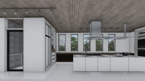Kitchen sketch interior design 3d illustration Stock Illustration