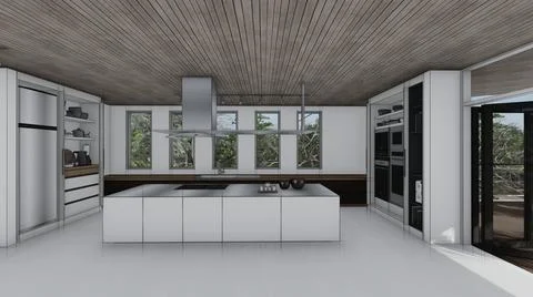 Kitchen sketch interior design 3d illustration Stock Illustration