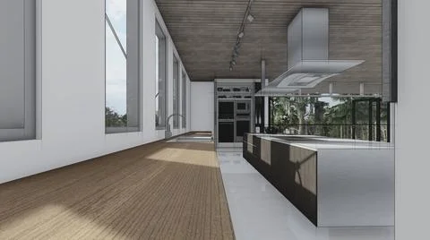 Kitchen sketch interior design 3d illustration Stock Illustration