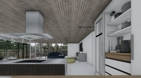 Kitchen sketch interior design 3d illustration Stock Illustration