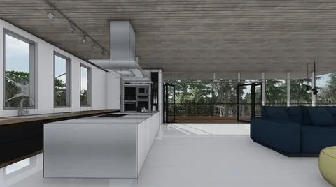 Kitchen sketch interior design 3d illustration Stock Illustration