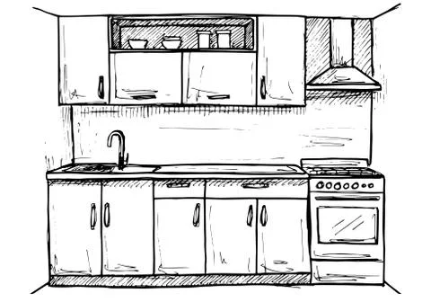 Kitchen sketch plan. Hand made vector illustration. Stock Illustration