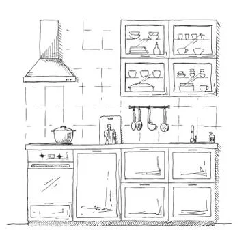 Kitchen sketch plan. Hand made vector illustration. Stock Illustration