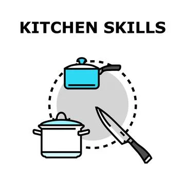 Kitchen skills development cooking utensils preparation concept Stock Illustration
