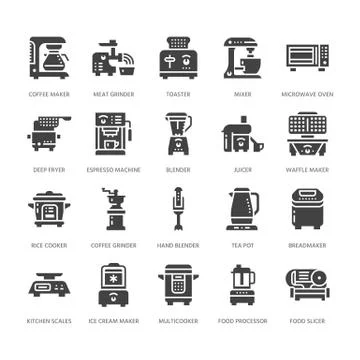 Kitchen small appliances flat glyph icons. Household cooking tools signs. Food Illustrazione stock