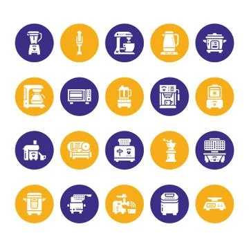 Kitchen small appliances flat glyph vector icons. Household cooking tools signs Stock Illustration