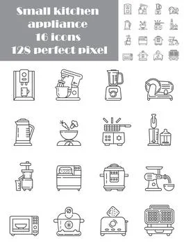 Kitchen small appliances line pixel perfect icons set vector. Household tools Stock Illustration