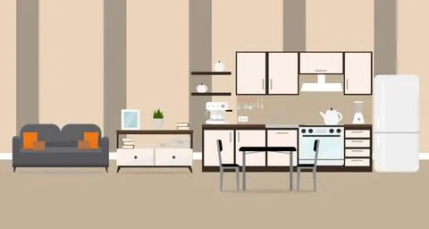 Kitchen with sofa table and shelves apartment interior Ilustração Stock