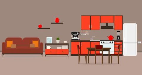 Kitchen with sofa table and shelves apartment interior Ilustração Stock