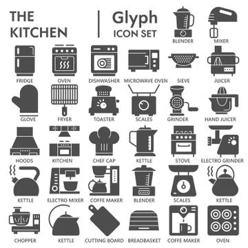 Kitchen solid icon set, appliances symbols collection or sketches. Cookware Stock Illustration