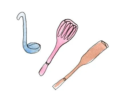 Kitchen spatulas and ladle. Stock Illustration