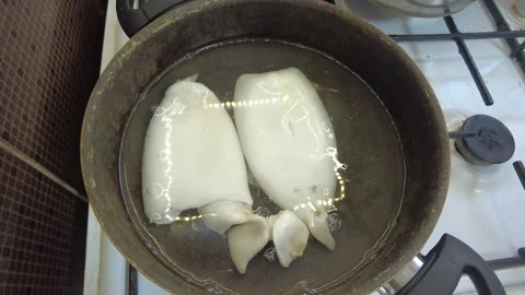 In the kitchen, the squid is being cooked in the pot. Stock Footage 219605458