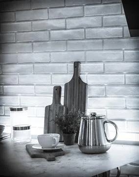 A kitchen still life in grayscale Stock Photos