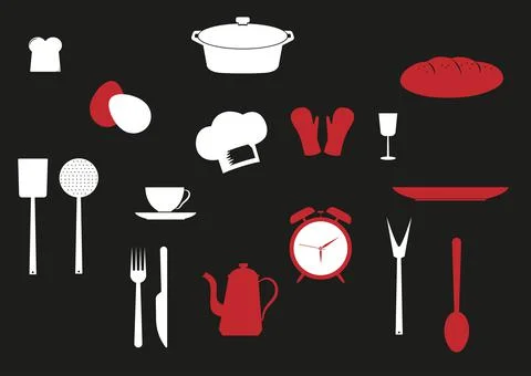 Kitchen stuff icons in flat style isolated on black background Stock Illustration