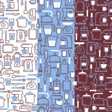 Kitchen supplies icons in seamless pattern, vector illustration. Flat line Stock Illustration