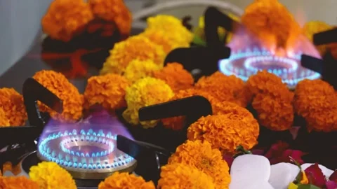 Kitchen surface with cast-iron grill. Burning gas Stock Footage 316968500