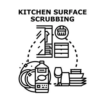 Kitchen surface scrubbing and cleaning dishes concept Stock Illustration