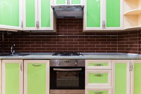 Kitchen symmetry background pattern interior frame work furniture green plast Stock Photos