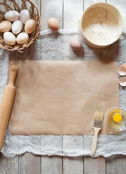 Kitchen table background. Dough preparation recipe homemade bread, pizza, buns Stock Photos
