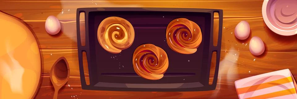 Kitchen table with baked buns on tray top view イラスト素材