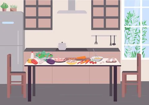 Kitchen table for cooking flat color vector illustration Stock Illustration