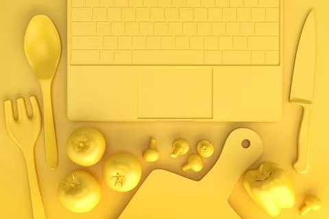 Kitchen table with cooking utensils and laptop. 3D illustration Illustrazione stock
