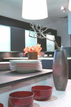 Kitchen table with dishes Stock Photos