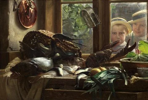 Kitchen table with fish and seafood through the window two children look into Illustrazione stock