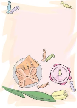 Kitchen table  Flat lay top view realistic mug, plate, patties, tulip. Illustrazione stock