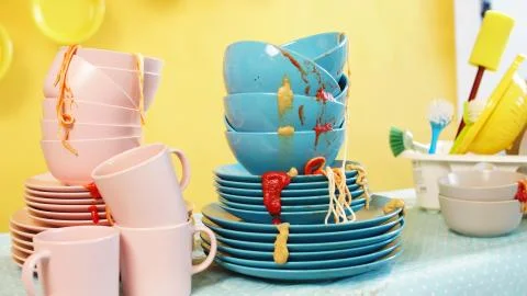 Kitchen table full of dirty dishes, isolated yellow background. close up. Studio Stock Photos