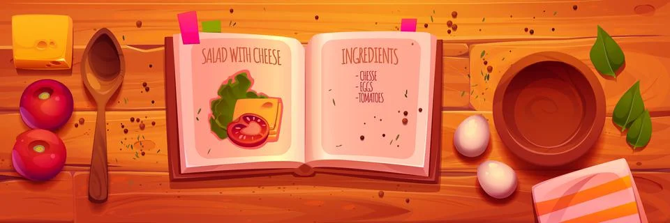 Kitchen table with open recipe book, ingredients Stock Illustration