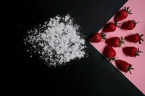 Kitchen table with products, top view. Strawberry and flour. Top view in frame Stock Photos