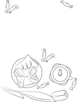 Kitchen table vector layout flat lay. Flat lay top mug, plate, patties, tulip. Stock Illustration