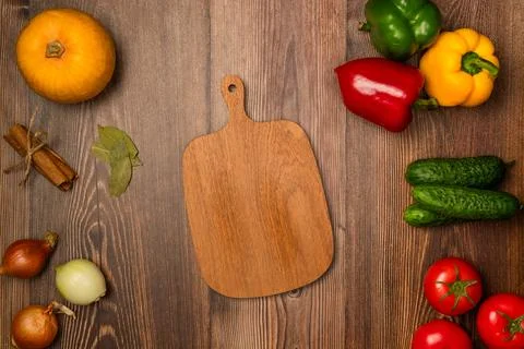 Kitchen table with vegetables for cooking. Top view, flat lay Foto stock