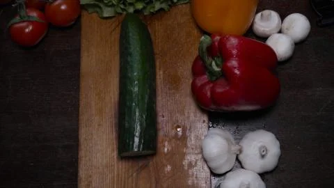 Kitchen table with vegetables. Stock-Fotos