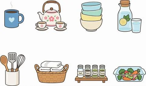 Kitchen Tea and Utensil Set, Cute Vector Illustration Stock-Illustration
