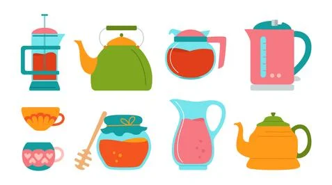 Kitchen tea cartoon style set honey jug sugar cup Stock Illustration